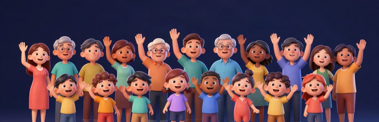 A cheerful crowd of children, parents and grandparents raising their hands